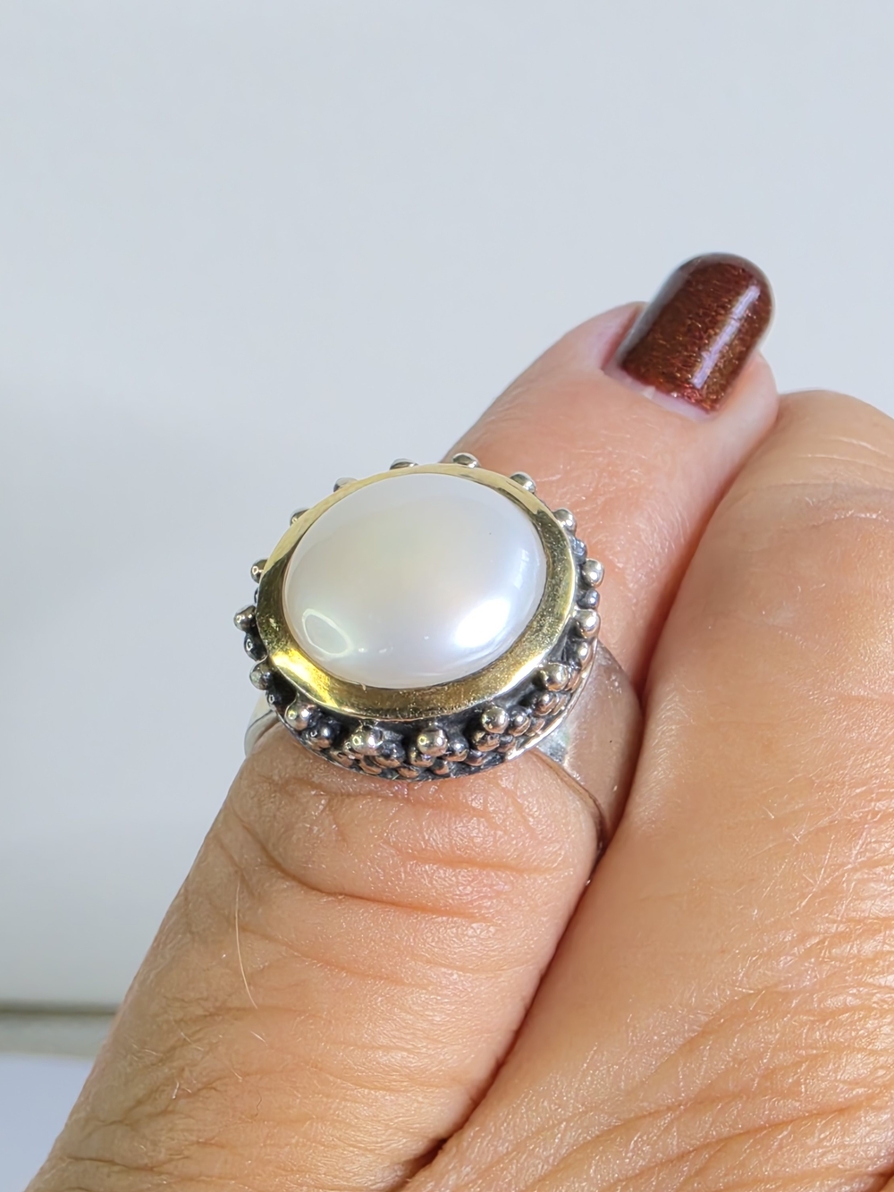 Sterling Silver Vintage Baroni Ring Gold Accents Mabe Pearl